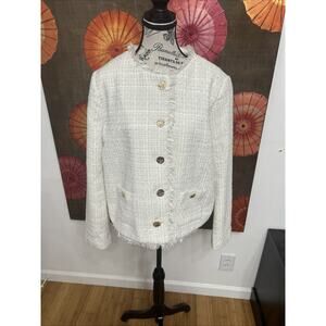 Tahari Textured Fringe Jacket W/Gold Buttons French Girl Classic Polished Sz XL
